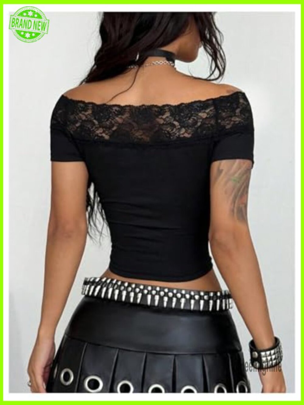 Off Shoulder Short Sleeve Crop Tee with Contrast Lace - Picture 2 of 7